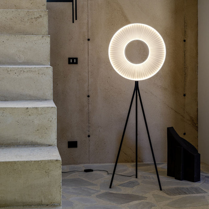 Iris LED Tripod Floor Lamp in stairway.