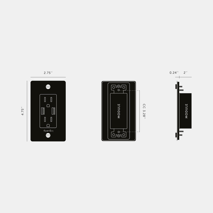 1G Combination Duplex Outlet with 2 USB Ports - line drawing.
