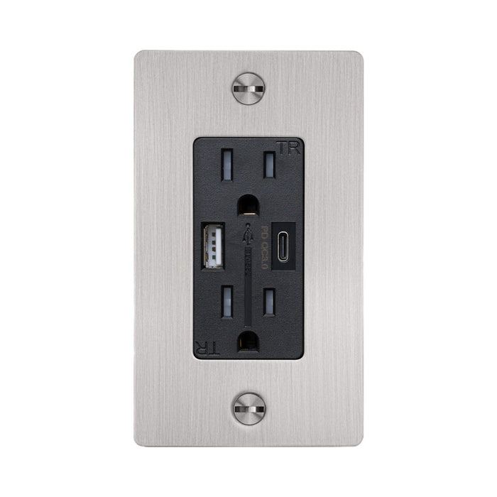 1G Combination Duplex Outlet with USB-A and USB-C Ports in Steel (Without Logo).