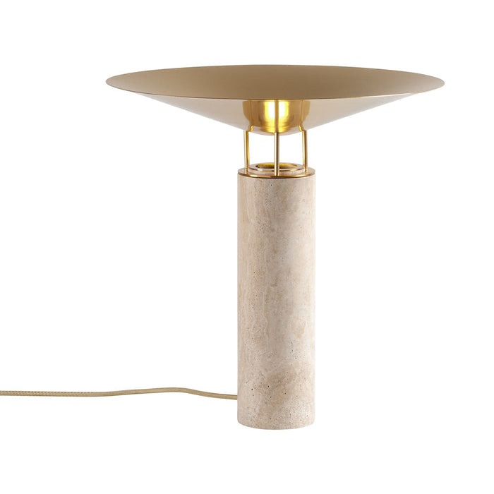 Rebound Table Lamp in Travertine/Brass Shade.