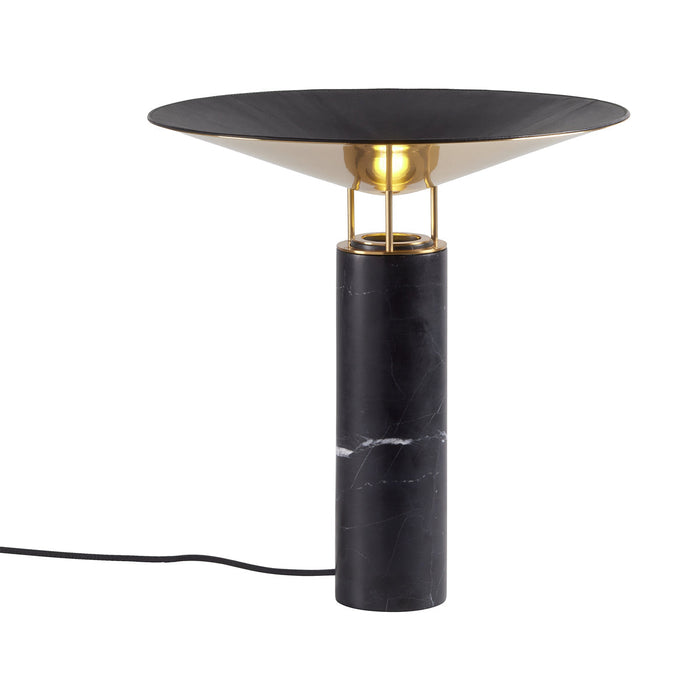 Rebound Table Lamp in Black/Brass/Black Leather Shade.