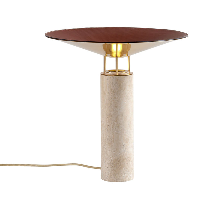 Rebound Table Lamp in Travertine/Brass/Brown Leather Shade.