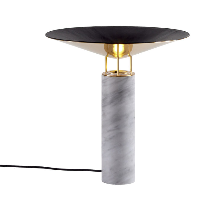 Rebound Table Lamp in White/Brass/Brown Leather Shade.