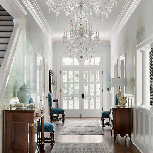 Traditional Crystal Chandelier in living room.