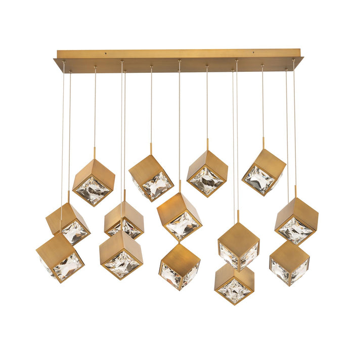 Ice Cube LED Linear Multi Pendant Light in Aged Brass (14-Light).