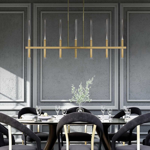 Benicio LED Linear Chandelier in dining room.
