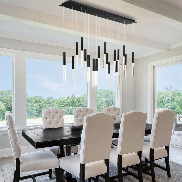 Benicio LED Rectangle Chandelier in dining room.