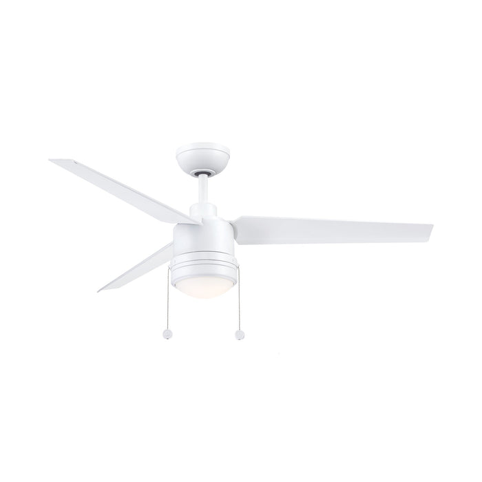 PC/DC Outdoor Ceiling Fan in Matte White (With Light Lit).