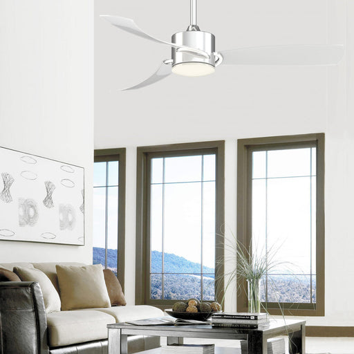 SculptAire Outdoor LED Ceiling Fan in living room.
