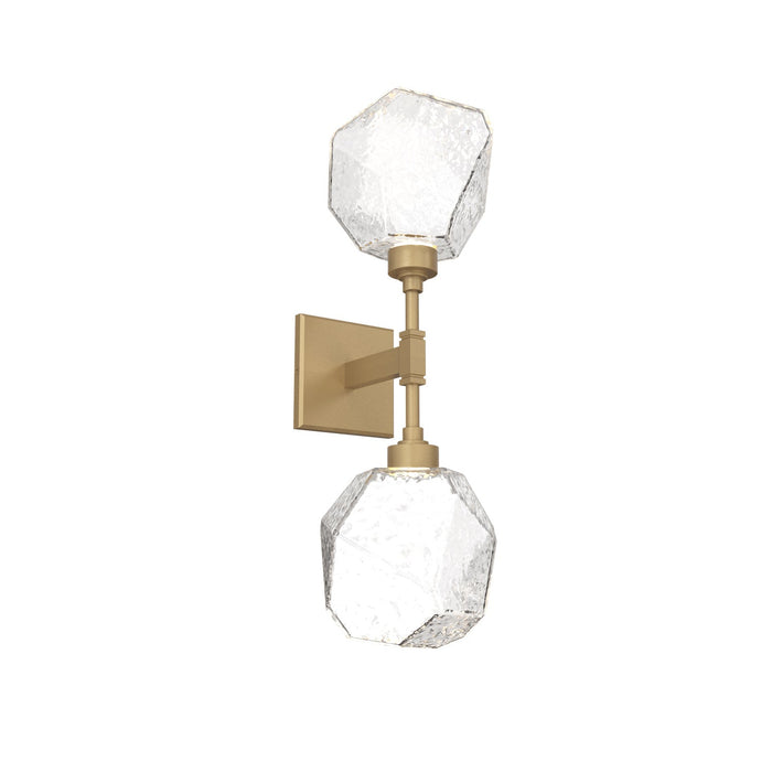 Gem LED Double Wall Light in Gilded Brass/Clear Blown Glass.