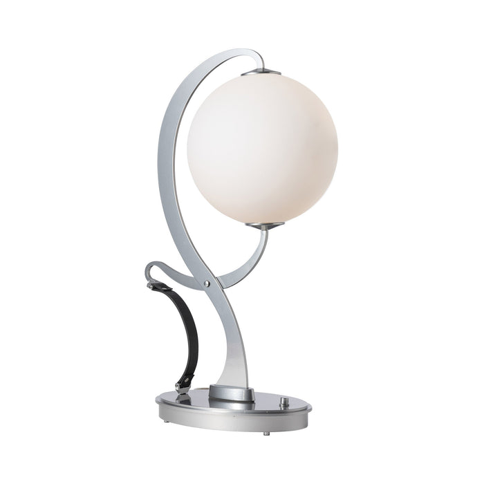 Pression LED Table Lamp in Sterling/Leather Black/Opal Glass.