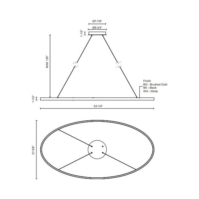 Ovale LED Linear Pendant Light - line drawing.