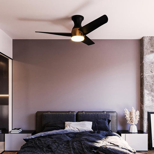 Thalia LED Flush Mount Ceiling Fan in bedroom.