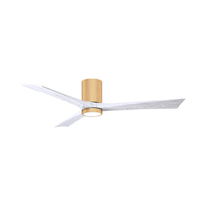 Irene IR3HLK 60-Inch Indoor / Outdoor LED Flush Mount Ceiling Fan in Light Maple/Matte White.
