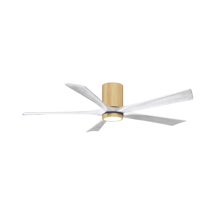 Irene IR5HLK 60-Inch Indoor / Outdoor LED Flush Mount Ceiling Fan in Light Maple/Matte White.