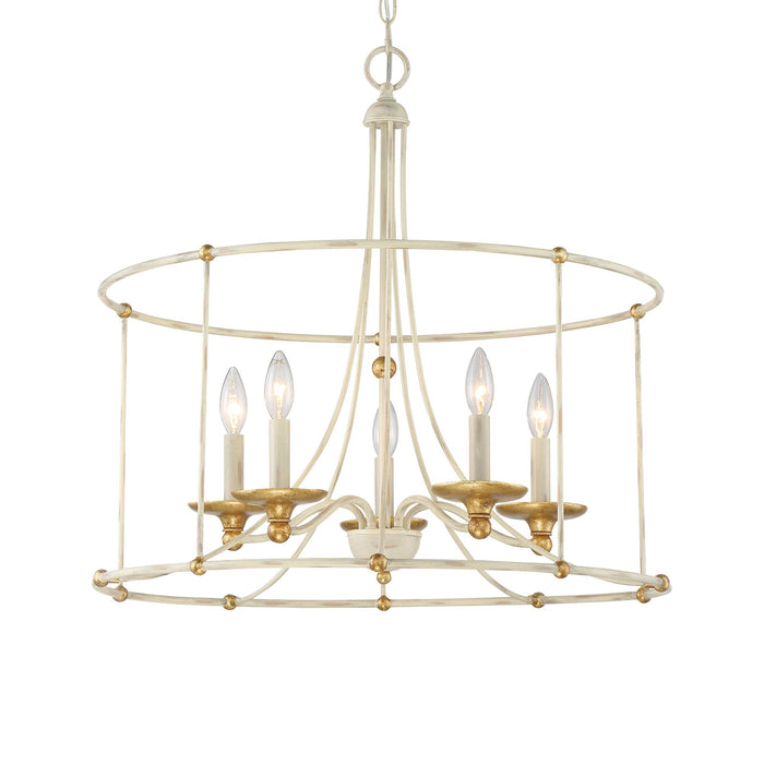 Westchester County Drum Chandelier in Farmhouse White with Gilded Gold Leaf.