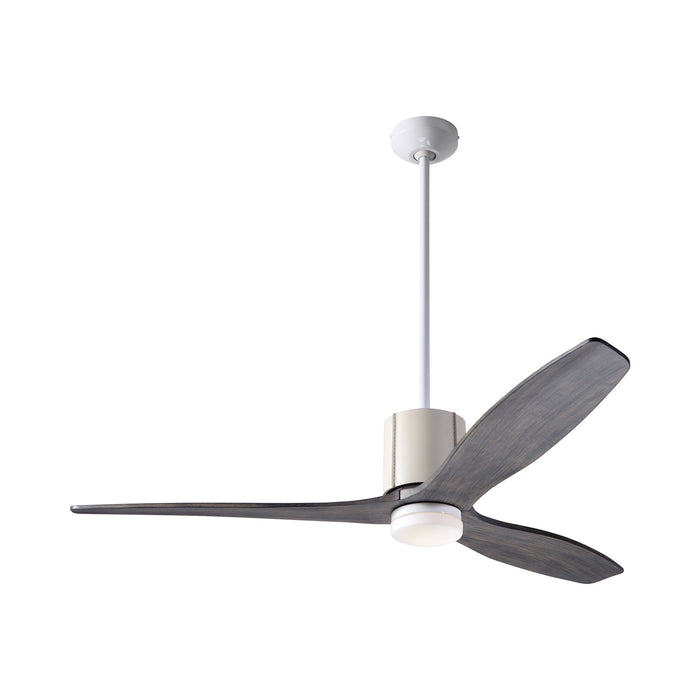 LeatherLuxe DC LED Ceiling Fan in Gloss White/Ivory Leather/Graywash.
