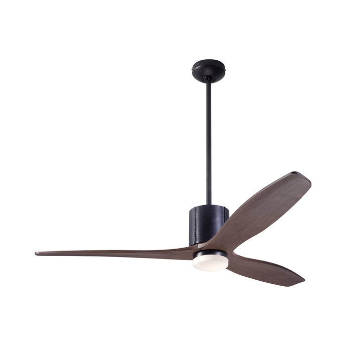 LeatherLuxe DC LED Ceiling Fan in Dark Bronze/Black Leather/Mahogany.