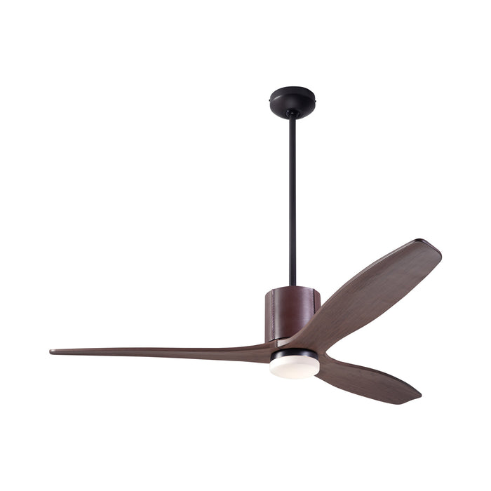 LeatherLuxe DC LED Ceiling Fan in Dark Bronze/Chocolate Leather/Mahogany.