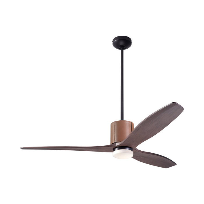 LeatherLuxe DC LED Ceiling Fan in Dark Bronze/Tan Leather/Mahogany.