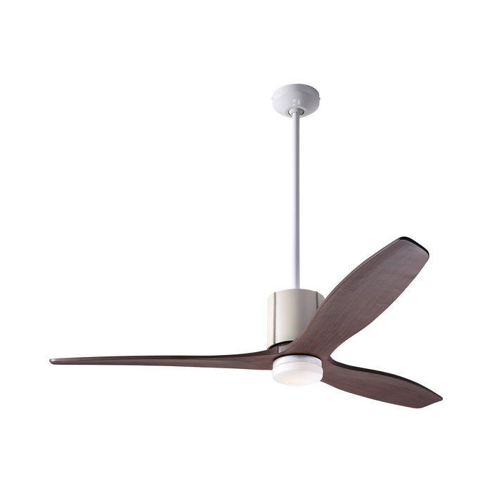 LeatherLuxe DC LED Ceiling Fan in Gloss White/Ivory Leather/Mahogany.
