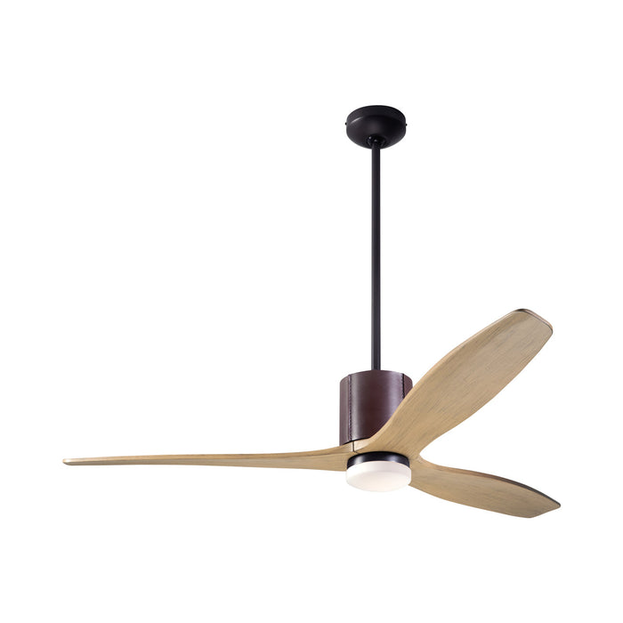 LeatherLuxe DC LED Ceiling Fan in Dark Bronze/Chocolate Leather/Maple.