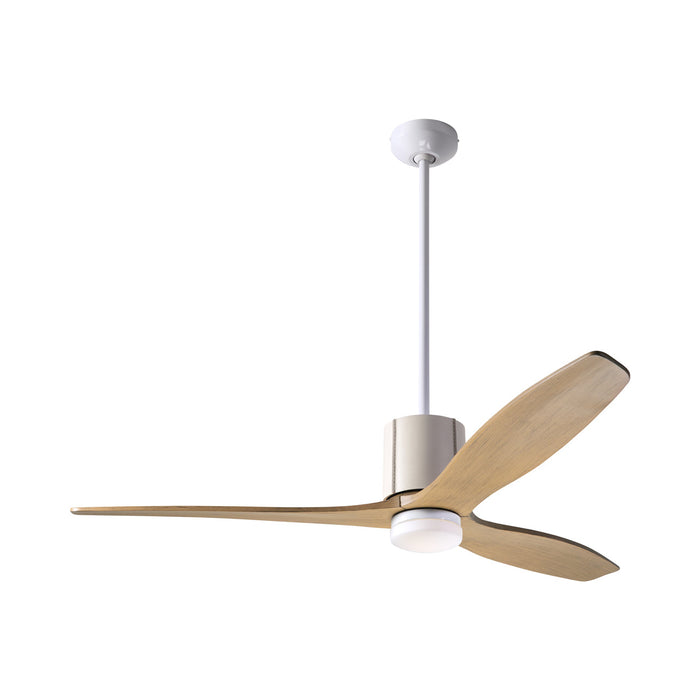 LeatherLuxe DC LED Ceiling Fan in Gloss White/Ivory Leather/Maple.