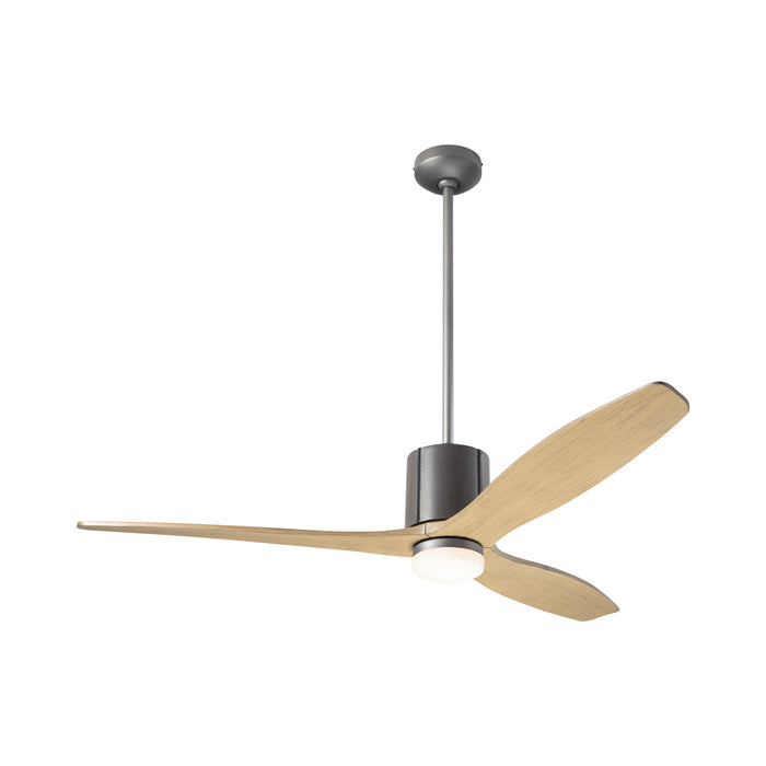 LeatherLuxe DC LED Ceiling Fan in Graphite/Gray Leather/Maple.