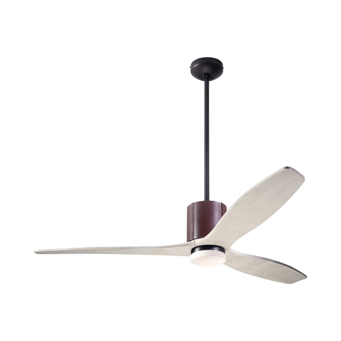 LeatherLuxe DC LED Ceiling Fan in Dark Bronze/Chocolate Leather/Whitewash.