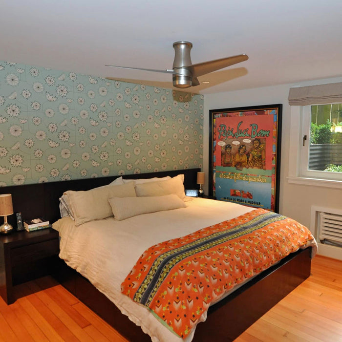 Velo DC Flush Mount Ceiling Fan in bedroom.