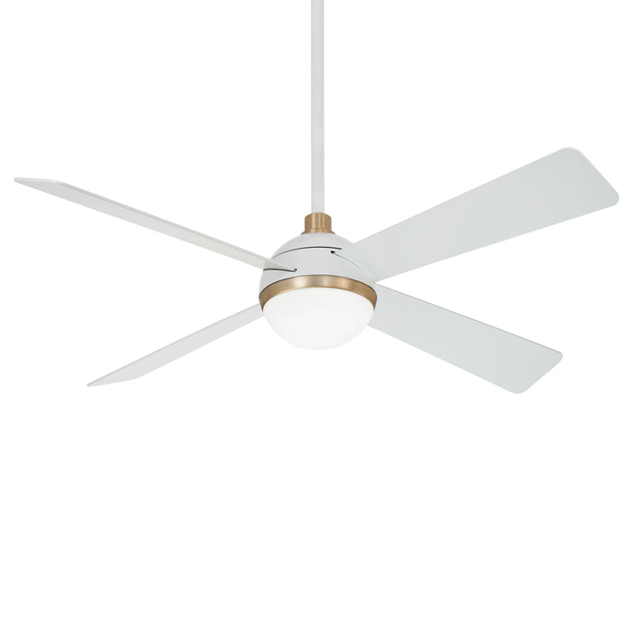 Orb LED Ceiling Fan in Flat White/Soft Brass.