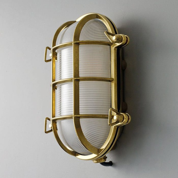 Oval Brass Bulkhead Indoor/Outdoor Wall Light in Detail.