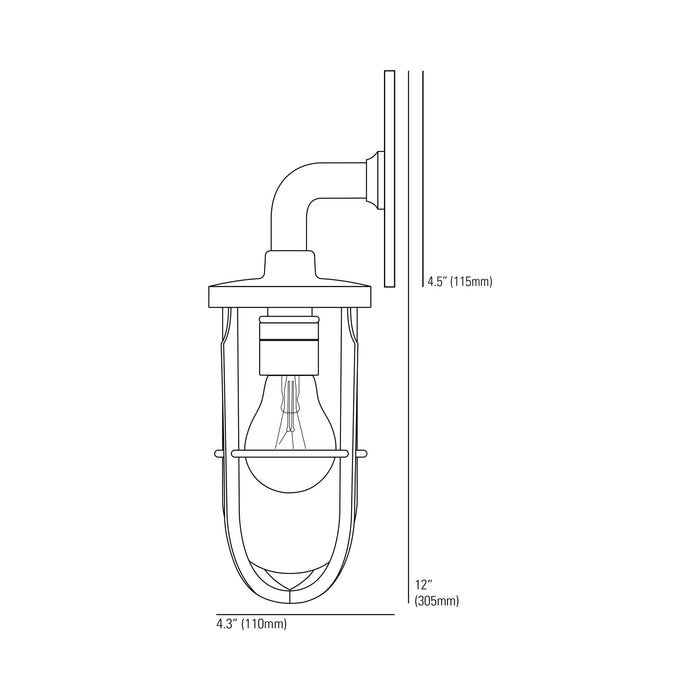 Weatherproof Ship's Well Glass Wall Light - line drawing.