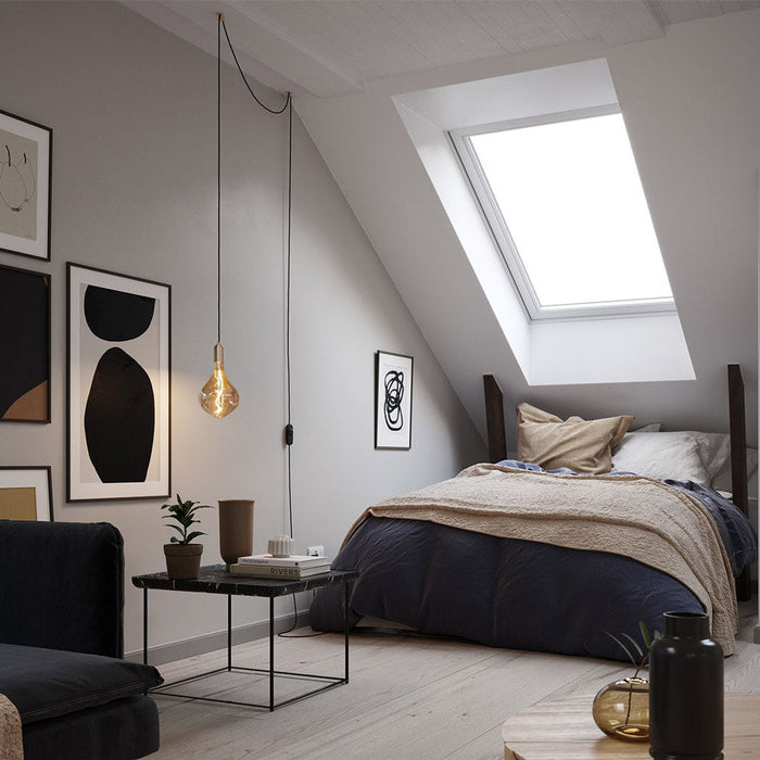 Voronoi II Plug-In Pendant Light in bedroom.