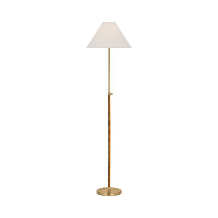 Basden Adjustable Floor Lamp in Antique-Burnished Brass/Natural Rattan.