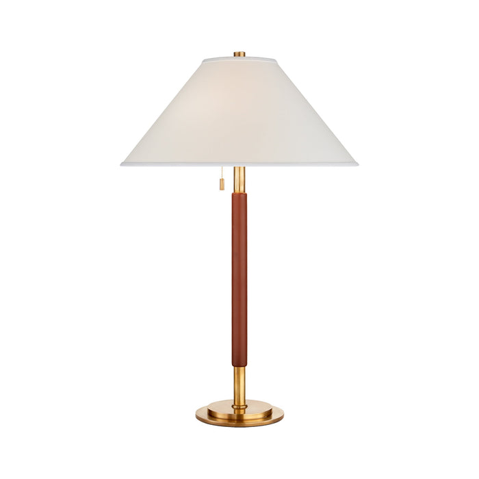 Garner Table Lamp in Natural Brass/Saddle Leather.