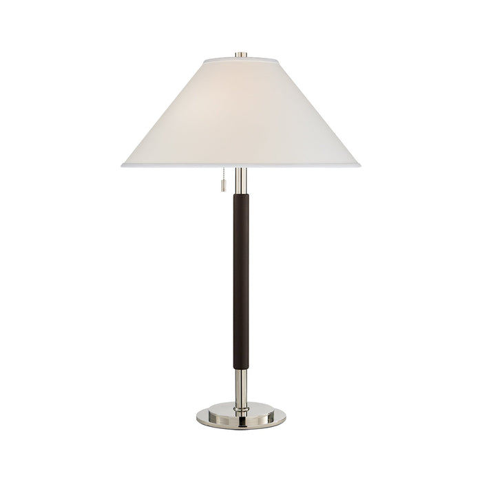 Garner Table Lamp in Polished Nickel/Chocolate Leather.