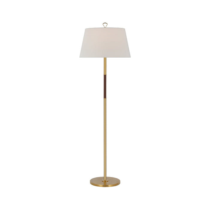 Griffin Floor Lamp in Hand-Rubbed Antique Brass/Saddle Leather.