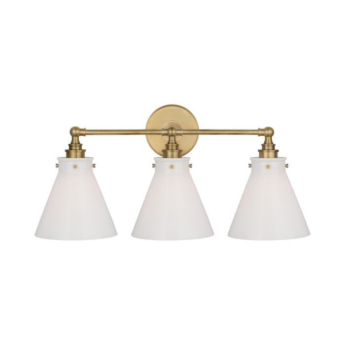 Parkington Bath Wall Light in Antique-Burnished Brass (3-Light/White Glass).