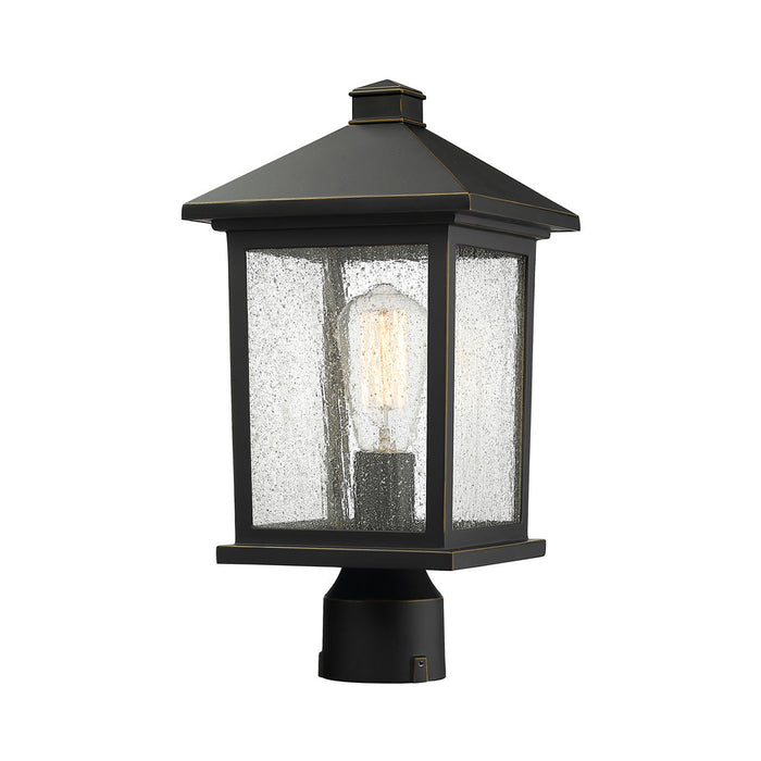 Portland Outdoor Round Mount Post Light in Oil Rubbed Bronze/Clear Seedy (16-Inch).