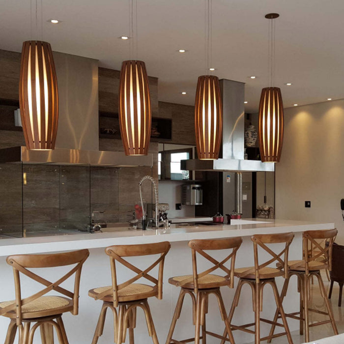 Barrel LED Vertical Pendant Light in kitchen.