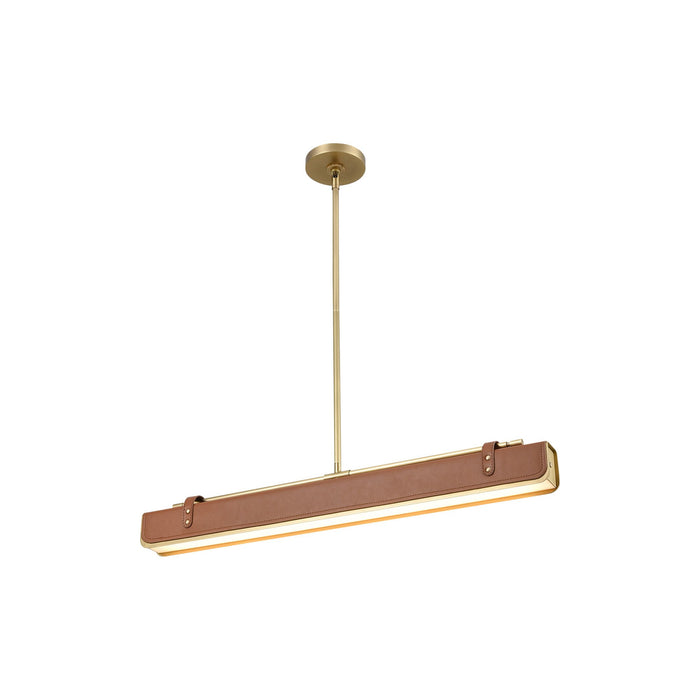 Valise LED Linear Pendant Light in Small/Vintage Brass/Cognac Leather.