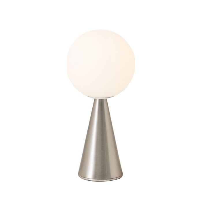 Bilia Table Lamp in Satin Nickel and Brushed White.