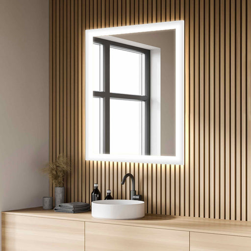 Silhouette LED Lighted Mirror in bathroom.