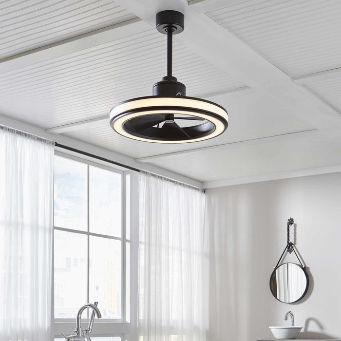 Gleam Indoor / Outdoor LED Ceiling Fan in living room.