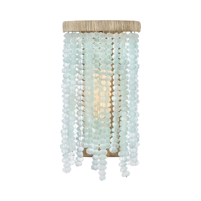 Dune Wall Light in Detail in Burnished Gold with Blue Sea Glass.