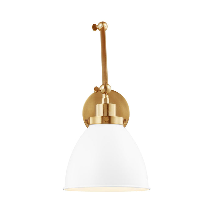 Wellfleet Adjustable Dome Wall Light in Matte White and Burnished Brass.