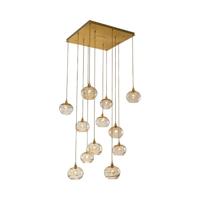 Coppa Square Multi Light Pendant Light in Gilded Brass/Amber Glass (12-Light).