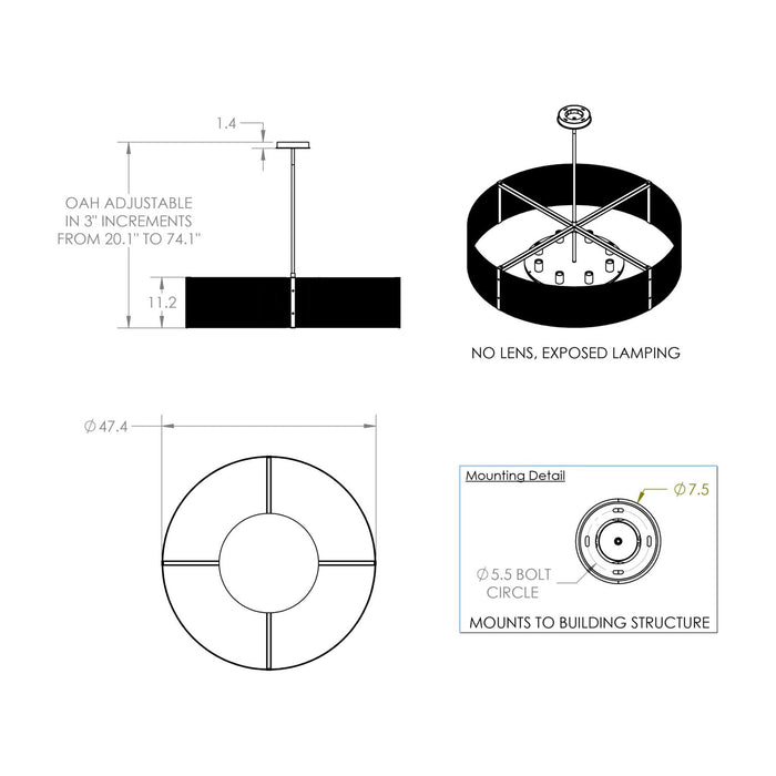 Downtown Mesh Drum Exposed Bulbs Pendant Light - line drawing.
