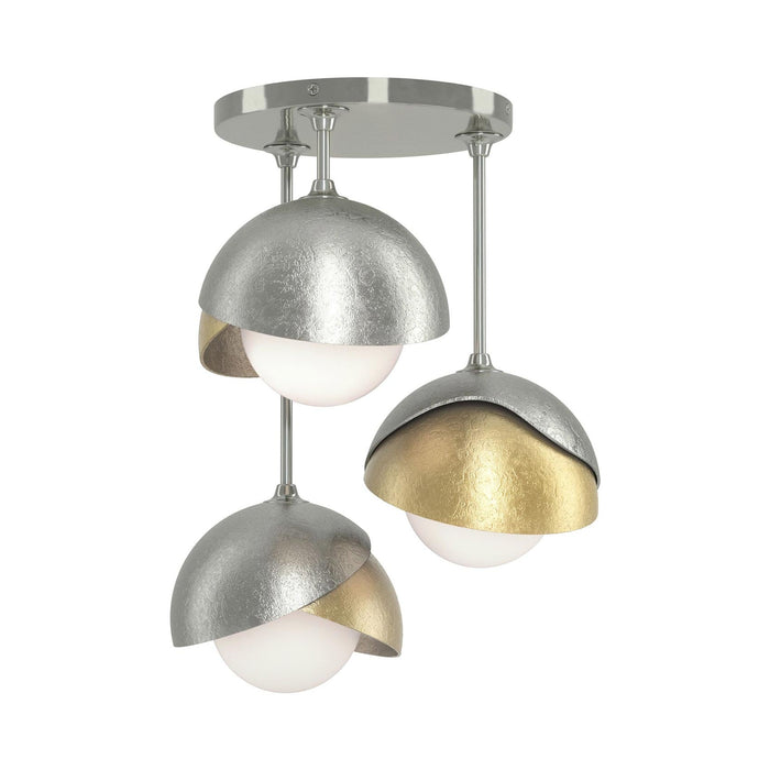 Brooklyn 3-Light Double Shade Semi Flush Mount Ceiling Light in Sterling/Modern Brass.